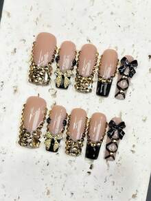 Bộ 10 móng tay giả acrylic vuông dài thủ công, phong cách Y2K Goth, màu đen đậm kiểu Pháp với nơ vàng và đá pha lê màu sâm panh, họa tiết vẽ tay tinh tế, có thể tái sử dụng. Bộ móng tay giả acrylic tự làm dành cho nữ và bé gái, thích hợp sử dụng hàng ngày và dự tiệc. - Rượu sâm banh - Xem 4