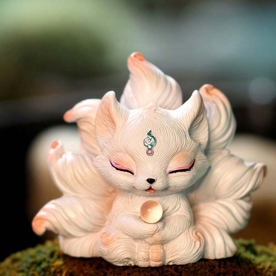 1pc Charming White Nine-Tailed Fox Statue With Green Gemstone - Exquisite Resin Home Decor, Suitable For Office, Car Or Gift, Creative Decoration | Imaginative Design | Cute Animal Statue, Figurine Home Decor (Color Random) - Multicolor - View 1
