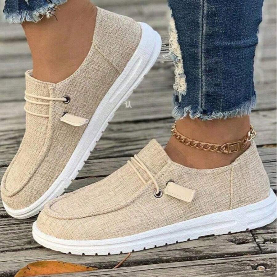 Women's Breathable Linen Slip-On Shoes - Casual Comfort Flat Sneakers For Daily Wear Linen/Cotton Blend Slip-Ons - Lightweight Comfort Casual Shoes For Women Adjustable Drawstring Slip-On Sneakers - Breathable Casual Flat Shoes For Women Neutral Tone Casual Slip-On Shoes - Breathable Lightweight Daily Footwear For Women Plus Size Breathable Slip-On Sneakers - Comfort Flat Casual Shoes For All-Day Wear