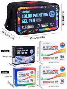 Bộ 216 bút gel acrylic màu - Bút nhũ kim loại 3D dùng để vẽ tranh, phác thảo, ghi nhật ký nghệ thuật | Mực hòa trộn mượt mà, dung tích lớn | Lý tưởng cho nghệ sĩ, người mới bắt đầu, học sinh, quà tặng tựu trường, quà tặng giáo viên - Đầu bút mảnh 1.0mm - Bộ - Xem 12