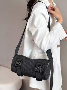 1pc 30*14cm Quilted Nylon Plaid Shoulder Crossbody Bag, Zipper Closure, Adjustable Strap, New Casual Messenger Bag, Large Capacity One Shoulder Bag, Waterproof Bag For Travel - Black - View 4