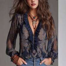 European, American, Romantic Deep V-Neck Paisley Frilly Chiffon Shirt Top,Conjunto De Dos Piezas Mujer Elegante - 綠色 - 查看 2