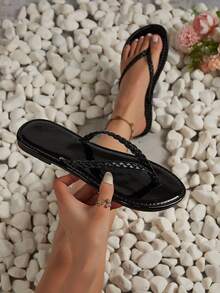 女士人字拖，街头休闲度假时尚黑色平底百搭防滑凉鞋 - 黑色 - 查看 4