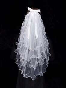1pc High-End 4-Layer Faux Pearl Bow Detail Bridal Wedding Veil.Made Of Faux Pearls.Exquisite Bow Detail Decorations.Suitable For Wedding Occasions, Photo Studios And Various High-End Events.Fall Clothes For Women Valentine's Day Accessories - 白色 - 查看 3