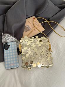 1 pieza Bolso cruzado pequeño cuadrado de mujer de unicolor minimalista de moda de primavera, de color dorado, de PVC con lentejuelas - Dorado - Ver 4