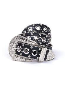 1条闪亮水晶水钻腰带，街头时尚，适合大码男女 - 可搭配西部牛仔装、连衣裙和牛仔裤 - 黑色 - 查看 2