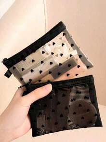 1/3 Pcs Mini Heart Mesh Cosmetic Bag, Portable Flocking Multi-Functional Transparent Lipstick Bag, Travel, Makeup Bag - Multicolor - View 2
