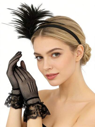 3pcs 1920s Women Elegant Sexy Headpiece Accessories Set, High-End Retro Accessories For Single Party, Masquerade Ball, Headband & Gloves Costume Set