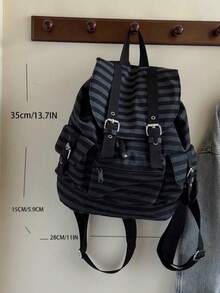 1pc Minimalist Large Capacity Multi-Pocket Striped Backpack, School Backpack Back To School Essentials, Bags For University, University Essentials ,University Bag - Black - View 7