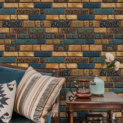 1 Rollo de 1m/3m/5m Papel tapiz de estilo de arte islámico con patrón de pared de ladrillo vintage, autoadhesivo y removible, papel tapiz de vinilo, decoración del hogar DIY, fondo de habitación, dormitorio, cocina, sala de estar, baño, gabinete, renovación de muebles