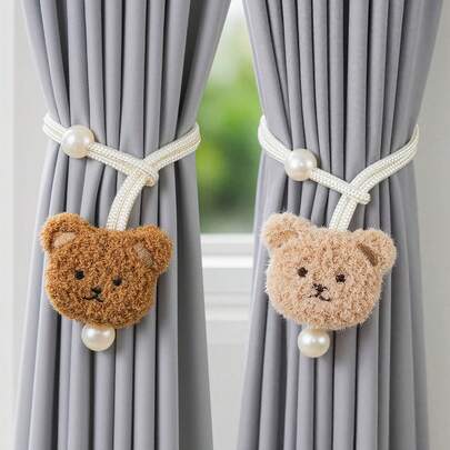 2pcs/1pc Modern Minimalist 3D Beige & Coffee Bear And Faux Pearl Decor Adjustable Curtain Tie Backs, No Drilling Needed Polyester Rope Curtain Tiebacks, Suitable For Living Room, Bedroom, Door Curtain Decor, Adding A Warm Touch To Your Home