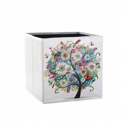 1pc Diamond Painting Storage Box, Pine Tree Pattern, Canvas Material Foldable Storage Bin, With Round Diamond Art Craft, For Home Cabinet Bedroom Toy Organizer