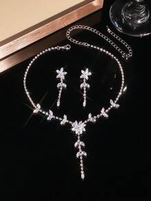 Elegante conjunto de collar con colgante floral + 1 par de aretes, adecuado para vestimenta formal, fiestas y regalos de graduación, verano, joyería, festivales, elegante - Blanco - Ver 4