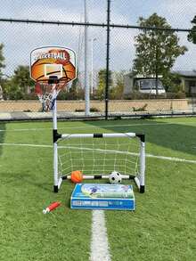 2-In-1 Kids Basketball & Football Set, Includes Football Goal, Basketball Hoop, Basketball, Football, Pump, Detachable & Foldable Frame For Easy Carry, Suitable For Indoor/Outdoor Activities, Family Gatherings, Holidays, Camping - Multicolor - View 6