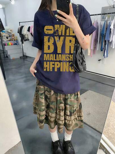 日系女式宽松休闲圆领卡通字母印花短袖T恤，春夏百搭