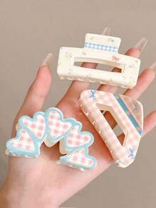3pcs Cute Fresh Sweet Fashion Heart Plaid Bow Hair Clips For Women, Suitable For Daily Use, Home, School, Beach, Summer Vacation, Work Commute, Party, Holiday, Birthday, Back To School, New Year, Valentine's Day, Mother's Day, Teacher's Day, Wedding, Music Festival, Graduation Season Fashion Hair Accessories Beauty Claw Clips Cute Hair Claw Fall Winter - 多色 2 - 查看 8