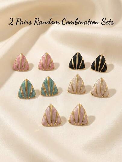 2 Pairs Random Stainless Steel Earrings Set, White, Pink, Black Triangle Drop Earrings, Vintage Jewelry, Summer Beach Swimwear Accessories, Attractive Outfit Decor, Wedding Dress Accessories - Multipurpose Jewelry Suitable For Swimming, Bathing, Workout