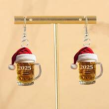Festive 2025 Beer Mug With Santa Hat Earrings, Acrylic Christmas Beer Cup Drop Earrings, Holiday Gift For Beer Enthusiasts & Women - A - View 8