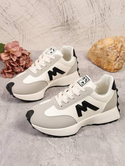 Plus Size Women's Black Sports Shoes, Student School Shoes, Colorblock Letter Casual Sneakers, Fashion Platform Lace-Up Comfortable Non-Slip Athletic Shoes