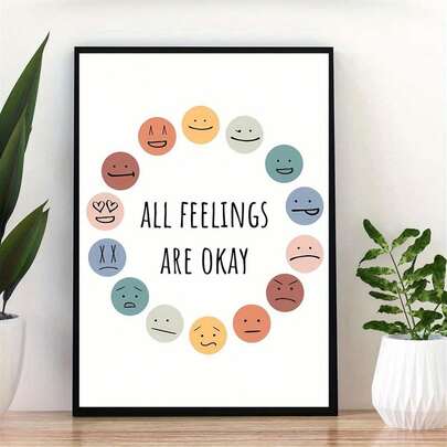 1 Piece Inspirational Canvas Wall Art ;All Feelings Are Okay; Emotion Wheel Poster, Frameless Vertical Home Decoration For Living Room Or Bedroom, Colorful Circular Design With Positive Messages, Inspirational Wall Decor
