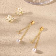 Dangle Pearl Drop Earrings Women  Long Threader Chain Dainty Flower Wedding Earrings Brides CZ Cute 14K Gold Statement Sparkly Jewelry - Hoa vàng đính đá CZ - Xem 5