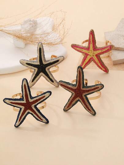 1件手工双色拉菲草编织海星金属底座手镯，可调节，适合海滩度假、海滩派对、海岛市集和日常佩戴