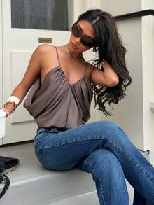 Seelio Summer New Arrival Women's Fashion Sexy Satin Pleated Camisole Top - Brown - View 4