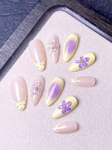 10片手工美甲贴纸，美甲用品，美甲装饰，假指甲，短指甲，美甲艺术，夏季，亚克力美甲贴纸，美甲工具套装，Y2K风格，黄色美甲，紫色美甲，波点美甲，浅黄色美甲配紫色五瓣花雕刻，充满活力和可爱的多巴胺配色方案，非常适合春季郊游和夏季海滩度假。 - 黃色 - 查看 5