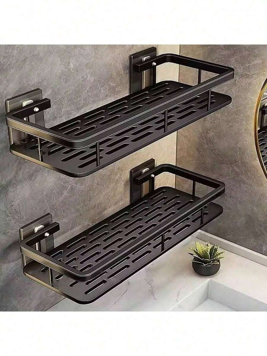 1pc No Drill Rust-Proof High-End Bathroom Kitchen Storage Rack, Wall-Mounted Bathroom Shelf, Black - Multicolor - View 1