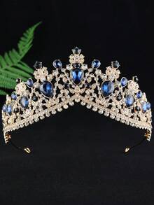 1pc Elegant Women's Silver Crystal Crown Headpiece, Luxury Accessory For Wedding, Prom, Birthday, Pageant - Navy Blue - View 2