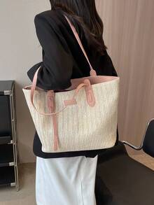 Large Capacity Woven Tote Bag For Women, Casual Commuter Shoulder Handbag With High-End Feel - Pink - View 6