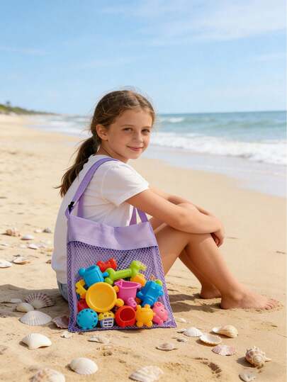 Túi đi biển mùa hè | Túi đựng đồ chơi vỏ sò, túi đựng đồ, túi đựng dụng cụ đào cát có dây đeo vai điều chỉnh được, phù hợp cho bé trai và bé gái