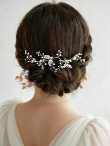 奢华银色珍珠水晶叶形发梳 | 优雅新娘头饰，适合婚礼等特殊场合 - 銀色 - 查看 1