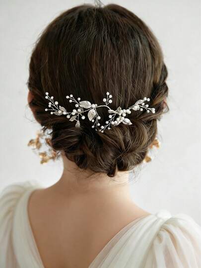 Luxury Silver Tone Pearl & Crystal Leaf Hair Comb | Elegant Bridal Headwear For Wedding Special Occasions