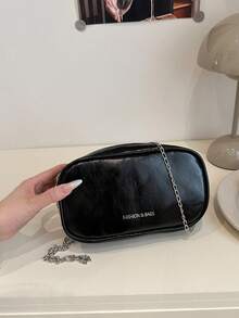 简约女士小方肩包，时尚斜挎包，配链条肩带 - 黑色 - 查看 2