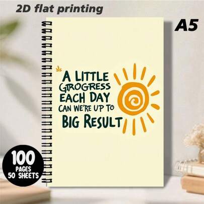 1pc A5 Size Minimalist Inspirational Spiral Bound Lined Notebook, Cover Printed With Vibrant Sun Pattern And "A LITTLE PROGRESS EACH DAY CAN WE'RE UP TO BIG RESULT" Motivational Quote, Helpful For Daily Notes And Thoughts, Adds A Touch Of Positivity To Life, Accompanies Every Writing Moment.