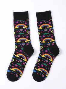 1 Pair Mid-Calf Socks - Black With Colorful Rainbow, Star, Heart Prints, Vibrant And Fun Design, Suitable For Everyday Wear, Adding A Casual And Lively Vibe To Your Outfit - Multicolor - View 10