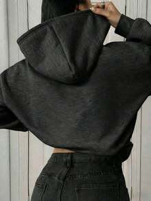 Minimalist Design Women Loose Fit Long Sleeve Pullover Sweatshirt, Suitable For Autumn, Winter, Spring, Casual Wear, Halloween Costume, Gray Sweatshirt, Fashion - 深灰色 - 查看 2