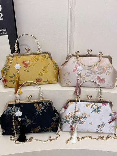 Floral Pattern Clutch Bag, Women's Handbag With Metal Chain Strap, Tassel Decor, Suitable For Party, Banquet, Formal Dress Matching