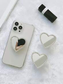 Shockproof Mirror Element Push-Pull Phone Holder 1pc Self-Adhesive Heart-Shaped Diamond Mirror Phone Holder, Expandable Phone Case Accessory, Fashionable Creative Phone Case Decoration Spring Birthday Gift Party - White - View 3
