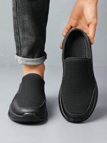 男士套脚鞋，透气网面，厚底休闲穆勒鞋，百搭乐福拖鞋 - 黑色 - 查看 2
