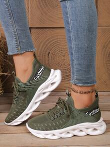 1双女士轻便防滑透气休闲系带跑步运动鞋 - 墨綠色 - 查看 3