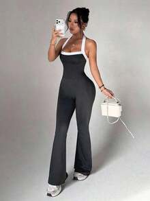 Dewbera Women's Yoga Outdoor Fitness Jumpsuit, Spaghetti Strap Contrast Color Backless Tank Top & Tight Flare Pants - 深灰色 - 查看 6