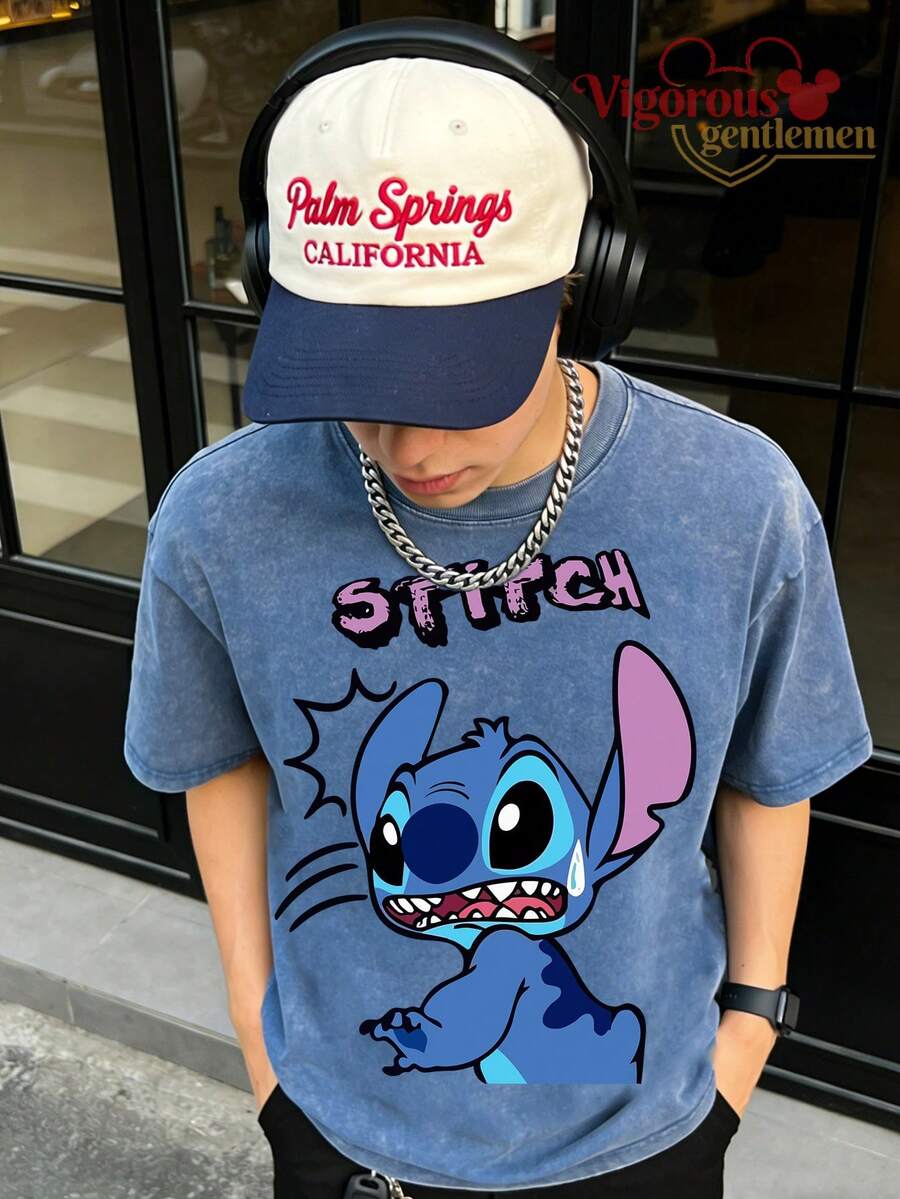 Disney Camiseta divertida con estampado de costuras sudorosas y lavado vintage - azul real - Ver 1