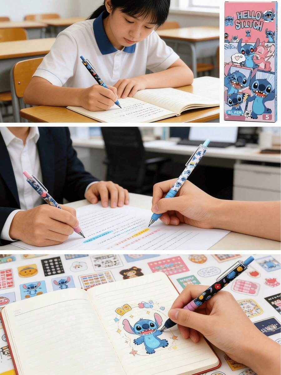 每包1支/5支，0.5毫米黑色墨水，Stitch品牌中性笔，签名笔，学生用品，办公书写文具，礼品 - 套裝 - 查看 1