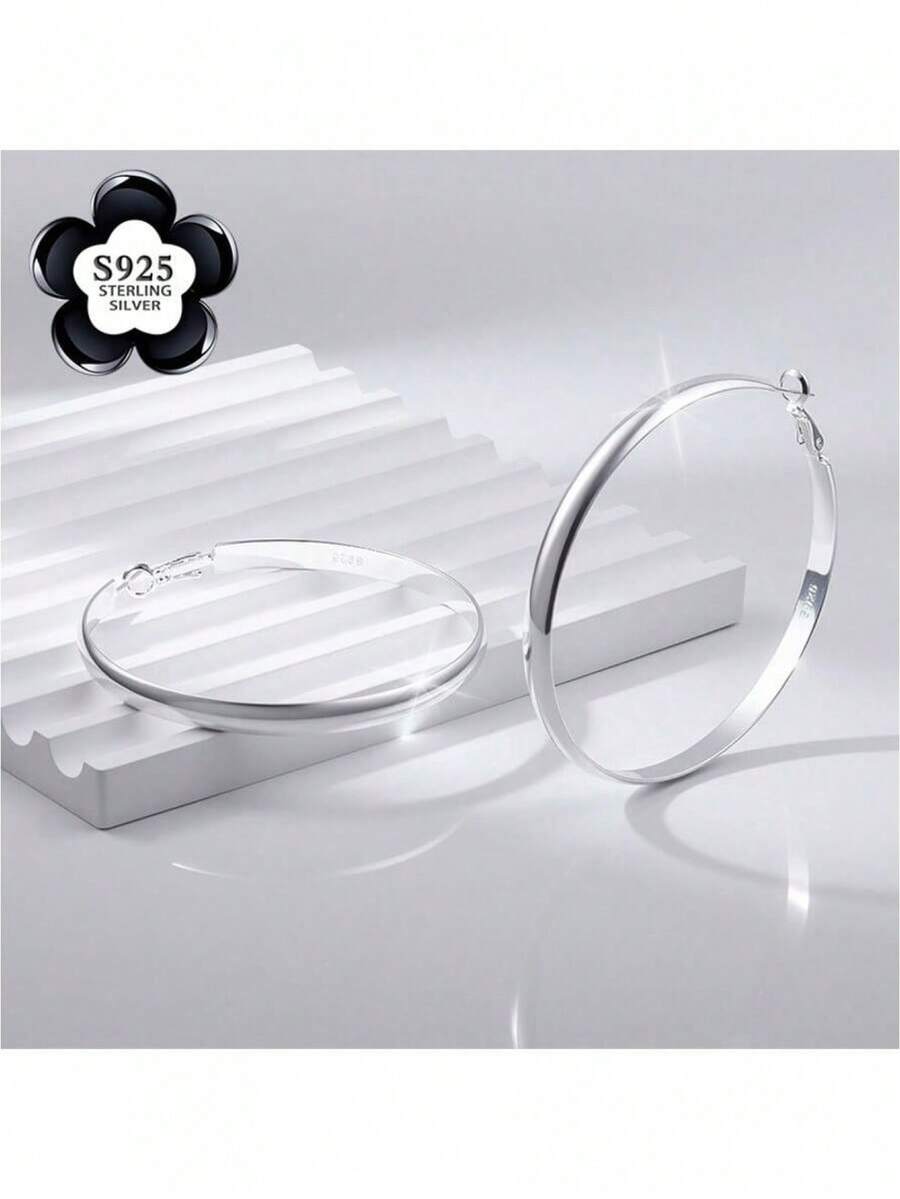 1pc Elegant, Luxurious, Sweet, Minimalist, Versatile, High-End 925 Sterling Silver Hoop Earrings, Suitable For Daily Wear, Vacation, Party, Date, Holidays And As A Gift - Silver - View 1