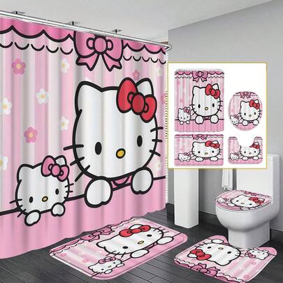 1/4 件套浴帘套装 - 可机洗浴室套装。包含马桶盖套、浴缸垫和 U 型马桶垫。是春夏家居装饰的理想之选。采用多色背景图案。Heltty 现代浴室装饰套装：包含布艺浴帘（带 12 个挂钩）、防滑地垫、U 型马桶垫和马桶盖套。非常适合浴室装饰和情人节家居装饰。
