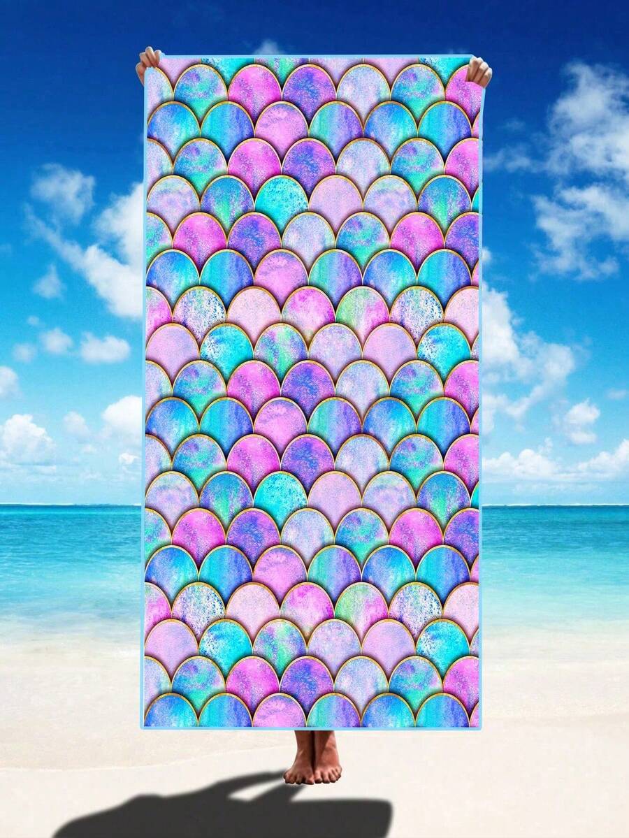 Toalla de 250 g/m² de fibra ultrafina de secado rápido y absorbente con estampado de cola de sirena/escamas de pez en colores vivos de 70*140 cm, que se puede usar como toalla de baño, toalla de playa, chal, cojín de asiento, 1 pieza o toalla de baño extra grande de 90*180 cm, toalla de playa, 1 pieza para viajes de verano, vacaciones, decoración de baño, artículo esencial de playa