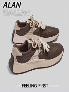 Alan Vincent [免费退换货] [旅行者系列] 春季新款棕色厚底运动鞋，舒适时尚厚底鞋，休闲运动鞋，女士户外派对鞋，百搭日常鞋 - 棕色 - 查看 1