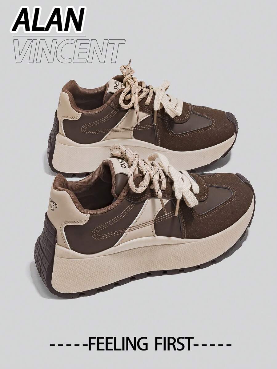 Alan Vincent [免费退换货] [旅行者系列] 春季新款棕色厚底运动鞋，舒适时尚厚底鞋，休闲运动鞋，女士户外派对鞋，百搭日常鞋 - 棕色 - 查看 1